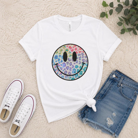 Pastel Leopard Smiley Face Glitter Patch Iron-On Transfer