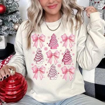 Pink Coquette Christmas Tree & Bow Glitter Screen Print Transfer