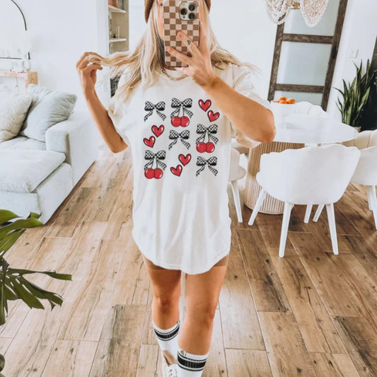 Cherry Bow Graphic T-Shirt Glitter Screen Print Transfer