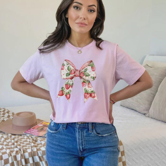 Strawberry Bow Graphic T-Shirt Glitter Screen Print Transfer