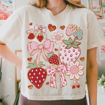 Strawberry Bow Graphic T-Shirt Glitter Screen Print Transfer