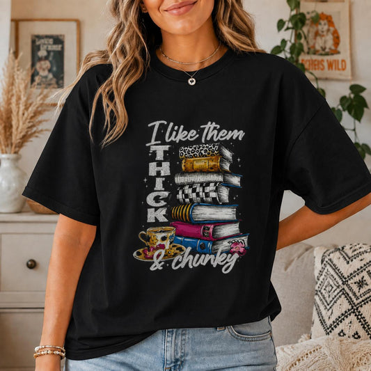 I Like Them Thick & Chunky Book Lover  T-Shirt Glitter Screen Print Transfer