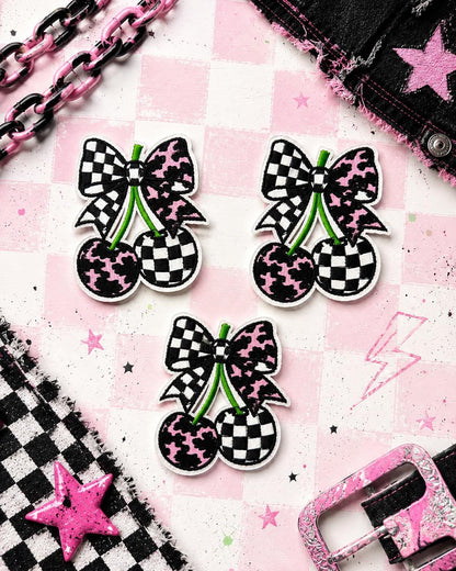 Pink Cow Print & Checker Cherry Bow Embroidered Iron-On Patch