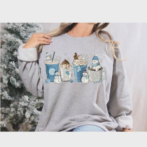 Blue Snowman Coffee Christmas Glitter Screen Print Transfer
