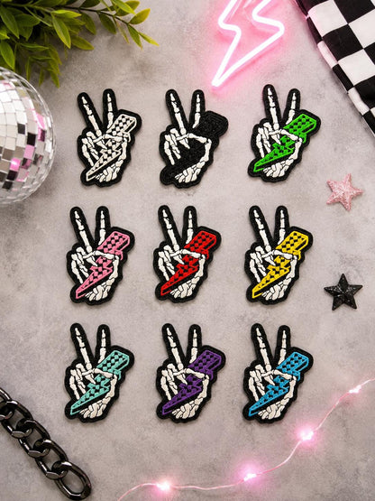 Skeleton Peace Sign Lightning Bolt Embroidered Iron-On Patch