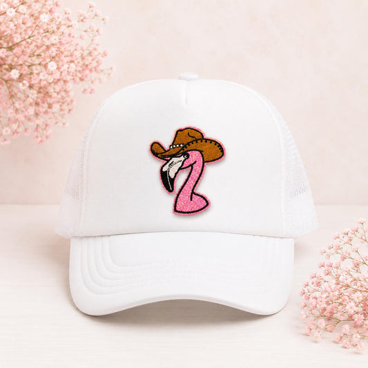 Pink Glitter Flamingo Cowboy Hat Embroidered Iron-On Patch