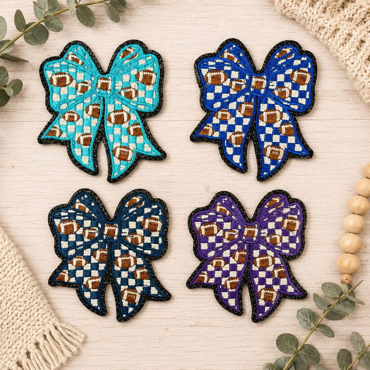 Football Checker Bow Embroidered Iron-On Patch