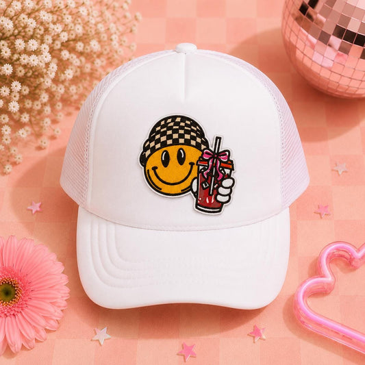 Smiley Iced Coffee Embroidered Iron-On Patch