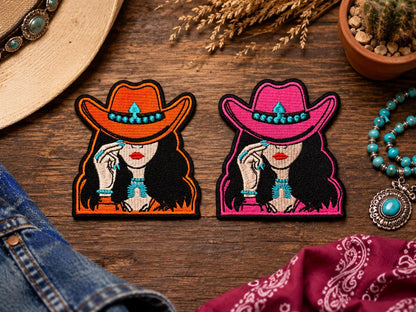 Embroidered Cowgirl Patch: Western Style Iron-On Applique for Hats, Jackets