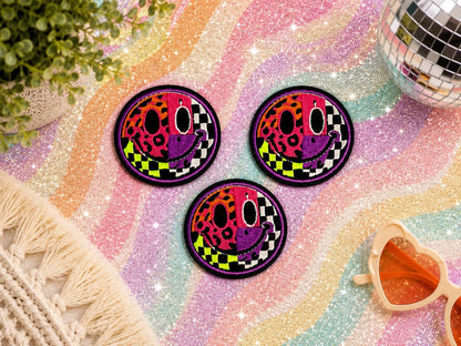 Retro Neon Smiley Face Embroidered Patch