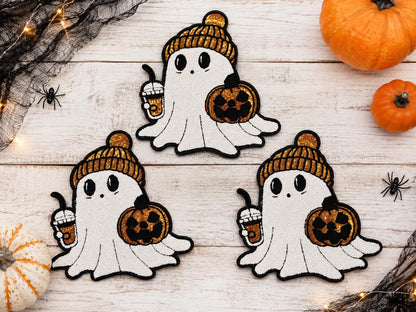 Cozy Ghost Pumpkin Spice Large Embroidered Iron-On Patch