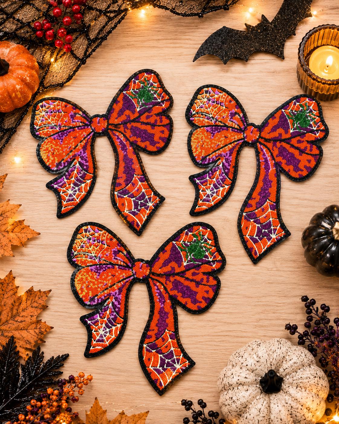 Halloween Sequin Bow Large Chenille Iron-On Patch
