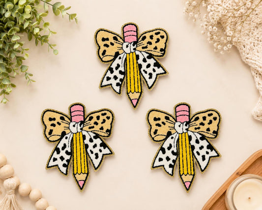 Leopard Pencil Bow Large Embroidered Iron-On Patch