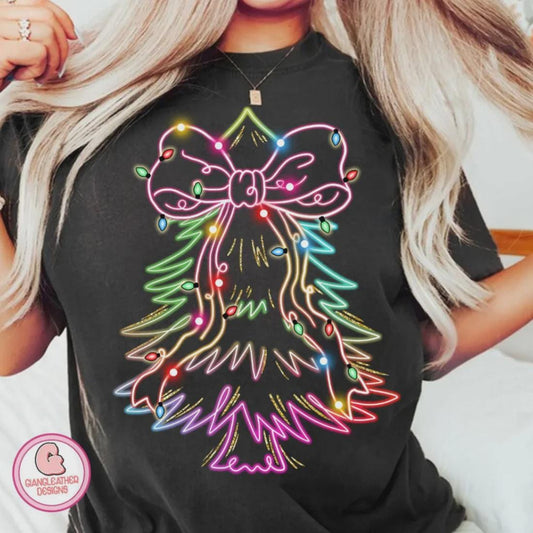 Neon Christmas Tree with Bow Glitter Screen Print Transfer