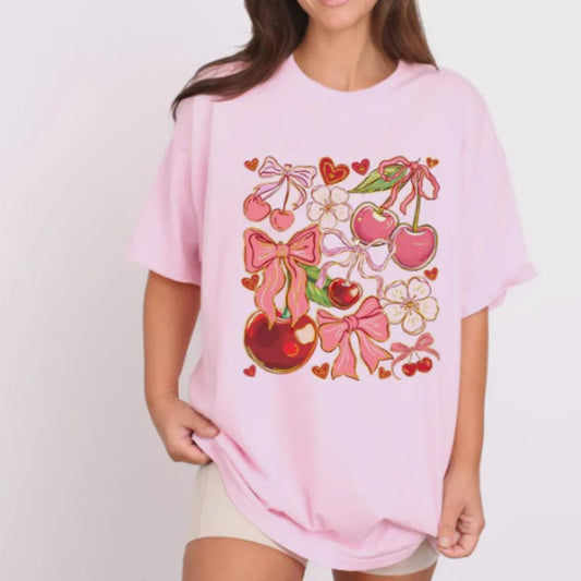 Pink Cherry Bow Graphic T-Shirt Glitter Screen Print Transfer