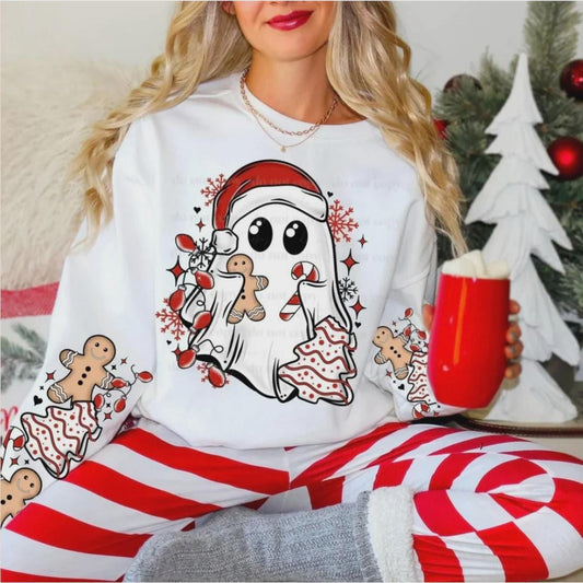Cute Christmas Ghost Sweatshirt with Sleeve Design Glitter Screen Print Transfer