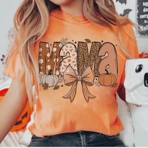 Mama Fall Pumpkin Bow Glitter Screen Print Transfer