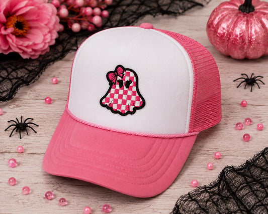 Pink Checkered Ghost Bow Embroidered Patch