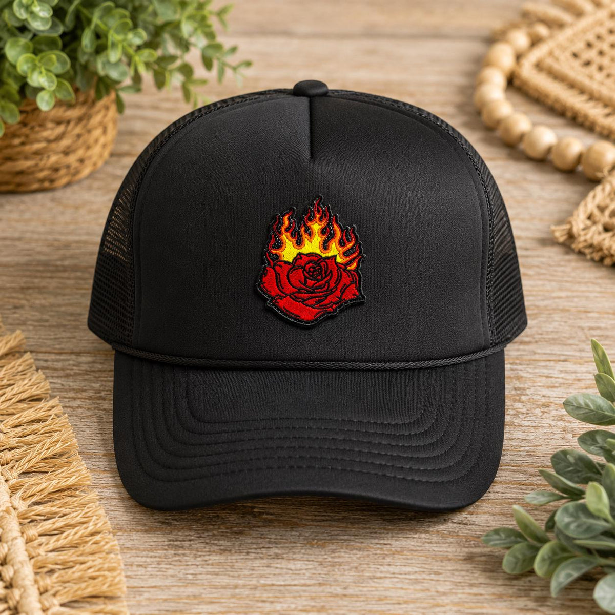 Flaming Red Rose Embroidered Patch