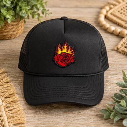 Flaming Red Rose Embroidered Patch