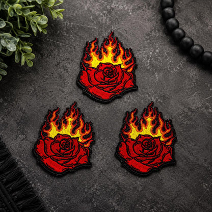 Flaming Red Rose Embroidered Patch