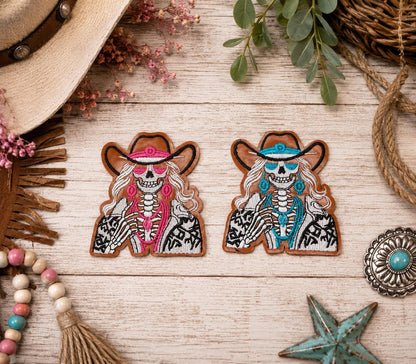 Western Skeleton Cowgirl Embroidered Leather Patch