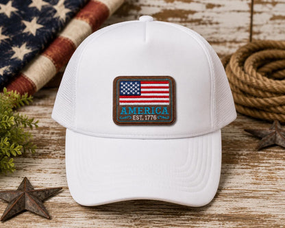 America EST 1776 American Flag Embroidered Leather Patch
