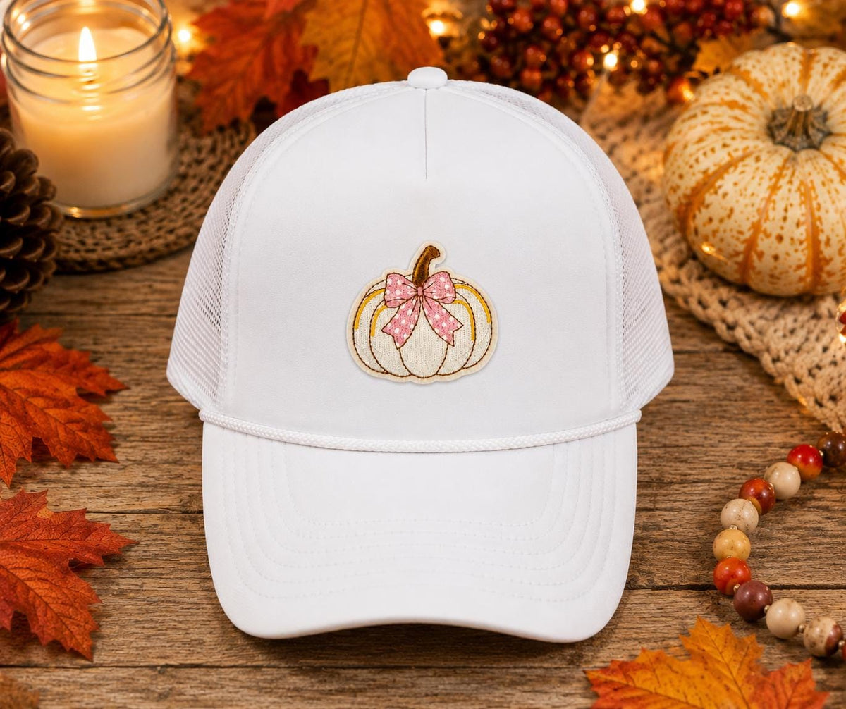 White Pumpkin Pink Bow Embroidered Patch
