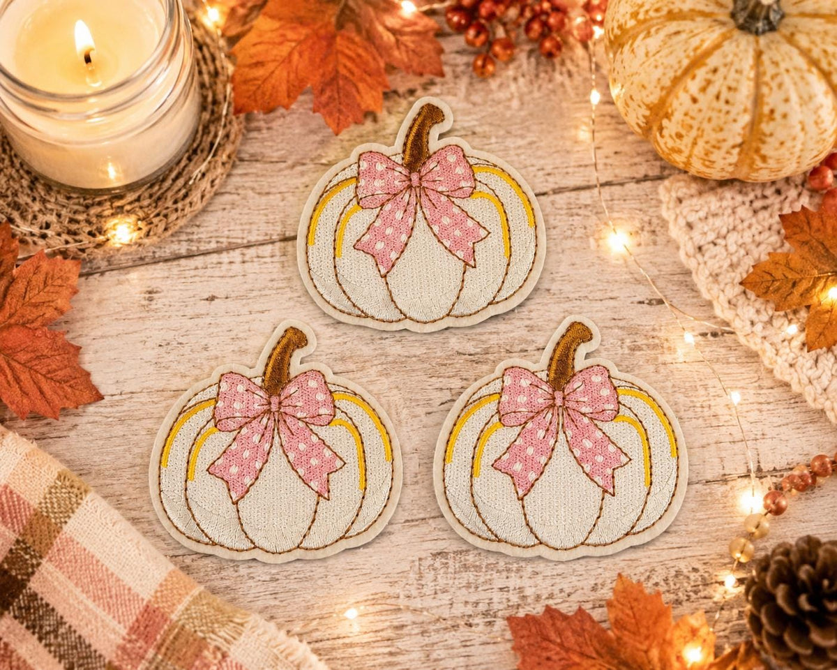 White Pumpkin Pink Bow Embroidered Patch