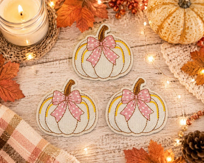 White Pumpkin Pink Bow Embroidered Patch