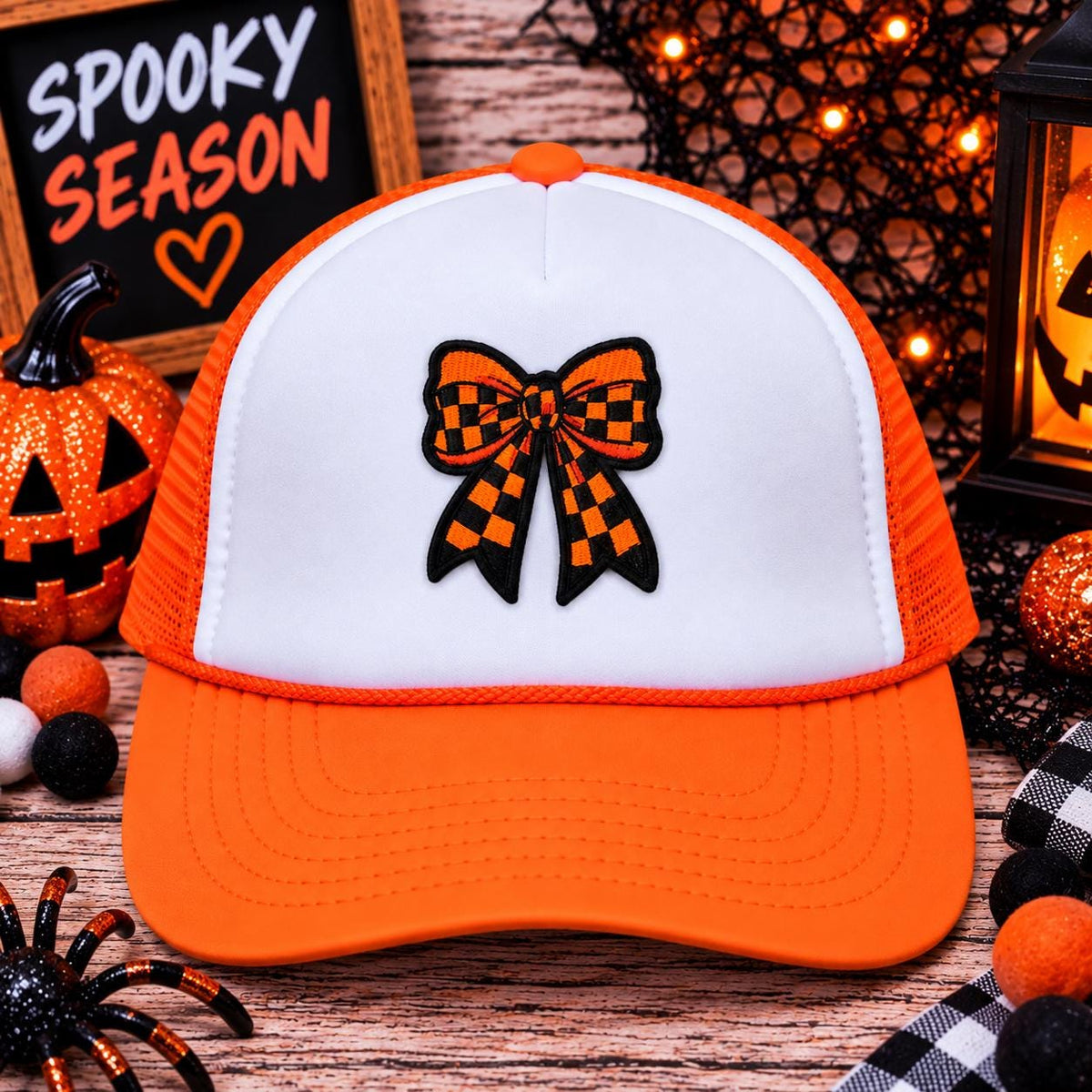 Orange & Black Checkered Bow Halloween Patch