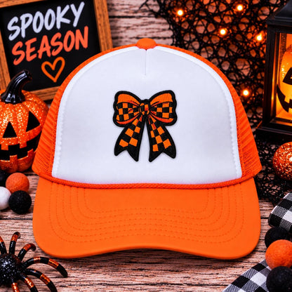 Orange & Black Checkered Bow Halloween Patch