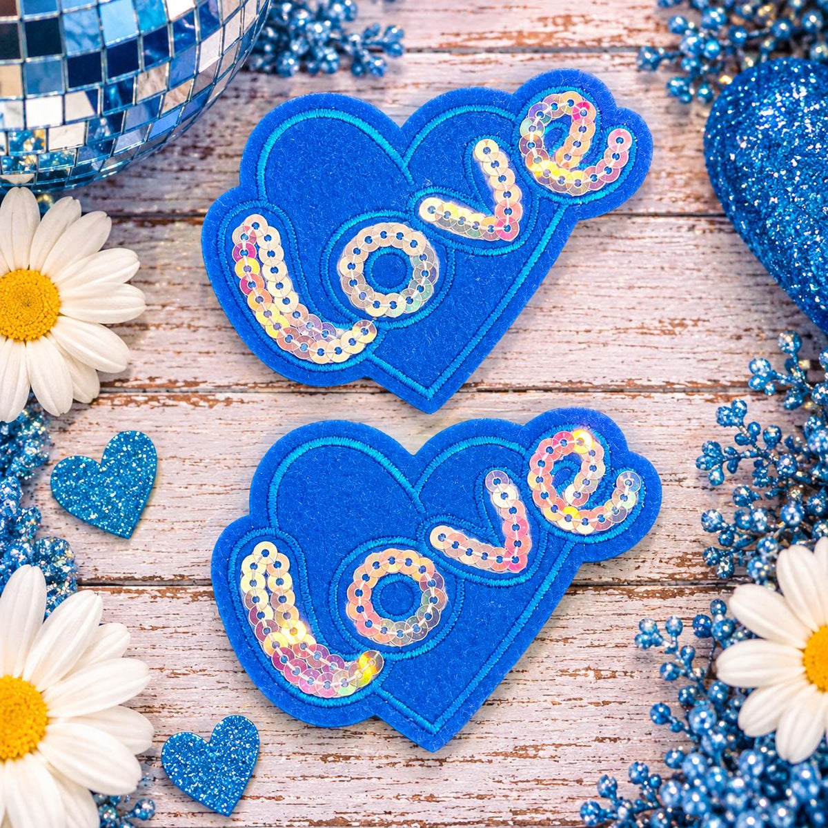 Blue Sequin Love Heart Patch