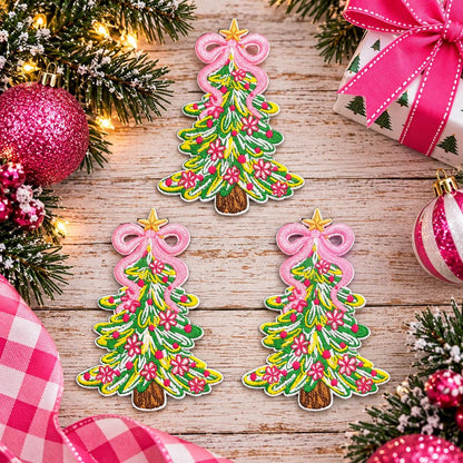 Pink Bow Christmas Tree Iron-On Patch