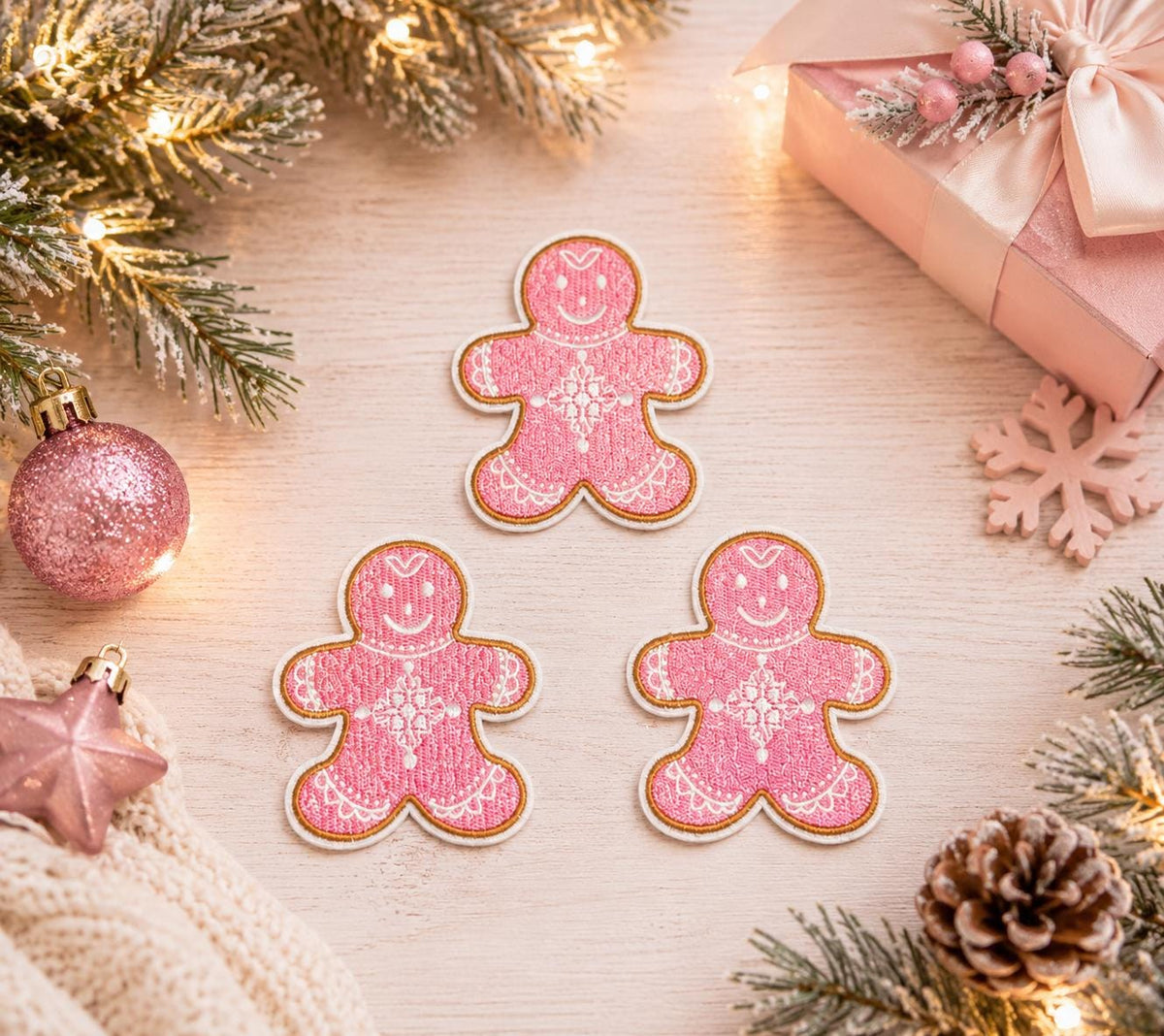 Pink Gingerbread Man Christmas Embroidered Patch