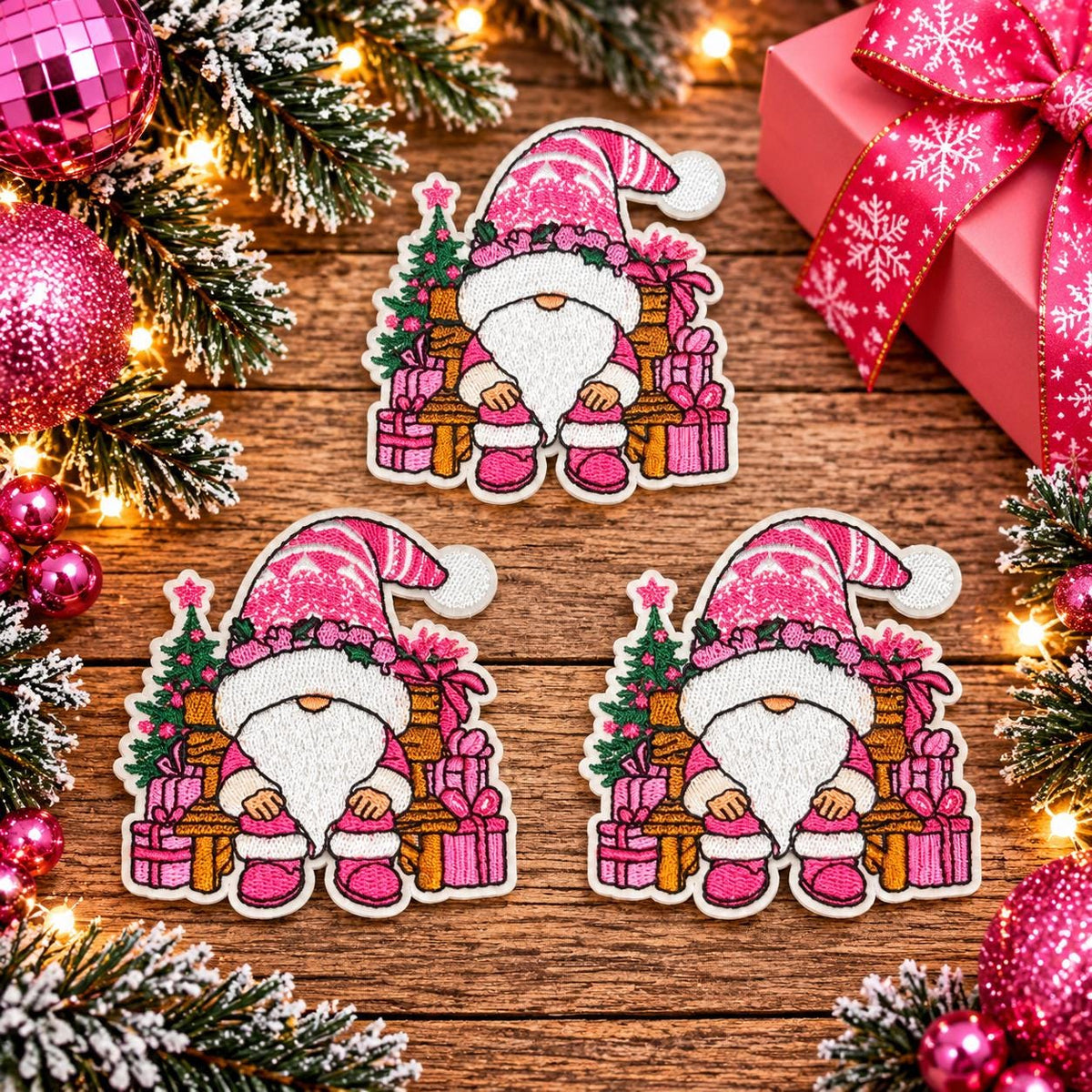 Pink Christmas Gnome Embroidered Patch