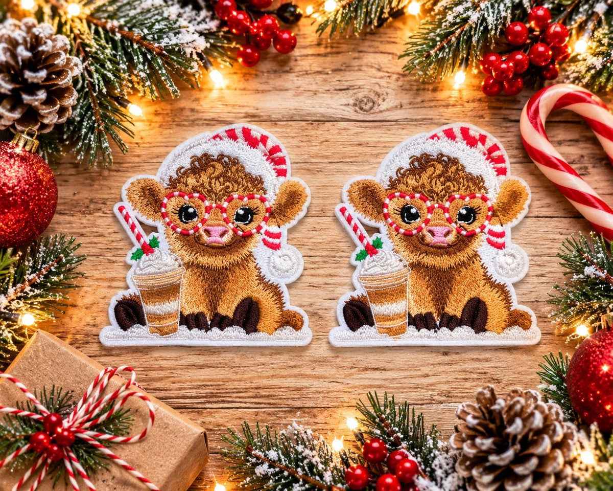 Christmas Highland Cow Coffee Embroidered Patch