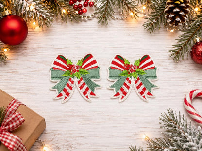Candy Cane Christmas Bow Embroidered Patch