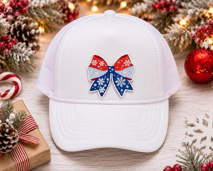 Red White & Blue Snowflake Christmas Bow Embroidered Patch