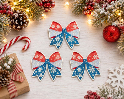 Red White & Blue Snowflake Christmas Bow Embroidered Patch