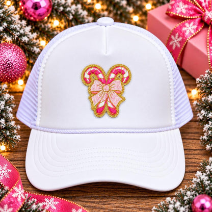 Double Pink Candy Cane Bow Christmas Embroidered Patch