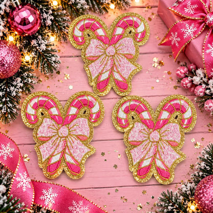 Double Pink Candy Cane Bow Christmas Embroidered Patch