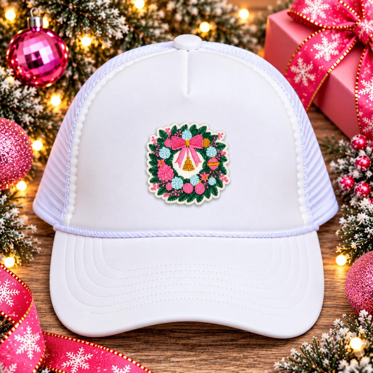 Pink Bow Christmas Wreath Embroidered Patch
