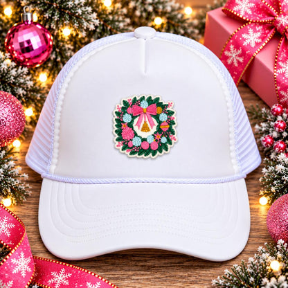 Pink Bow Christmas Wreath Embroidered Patch