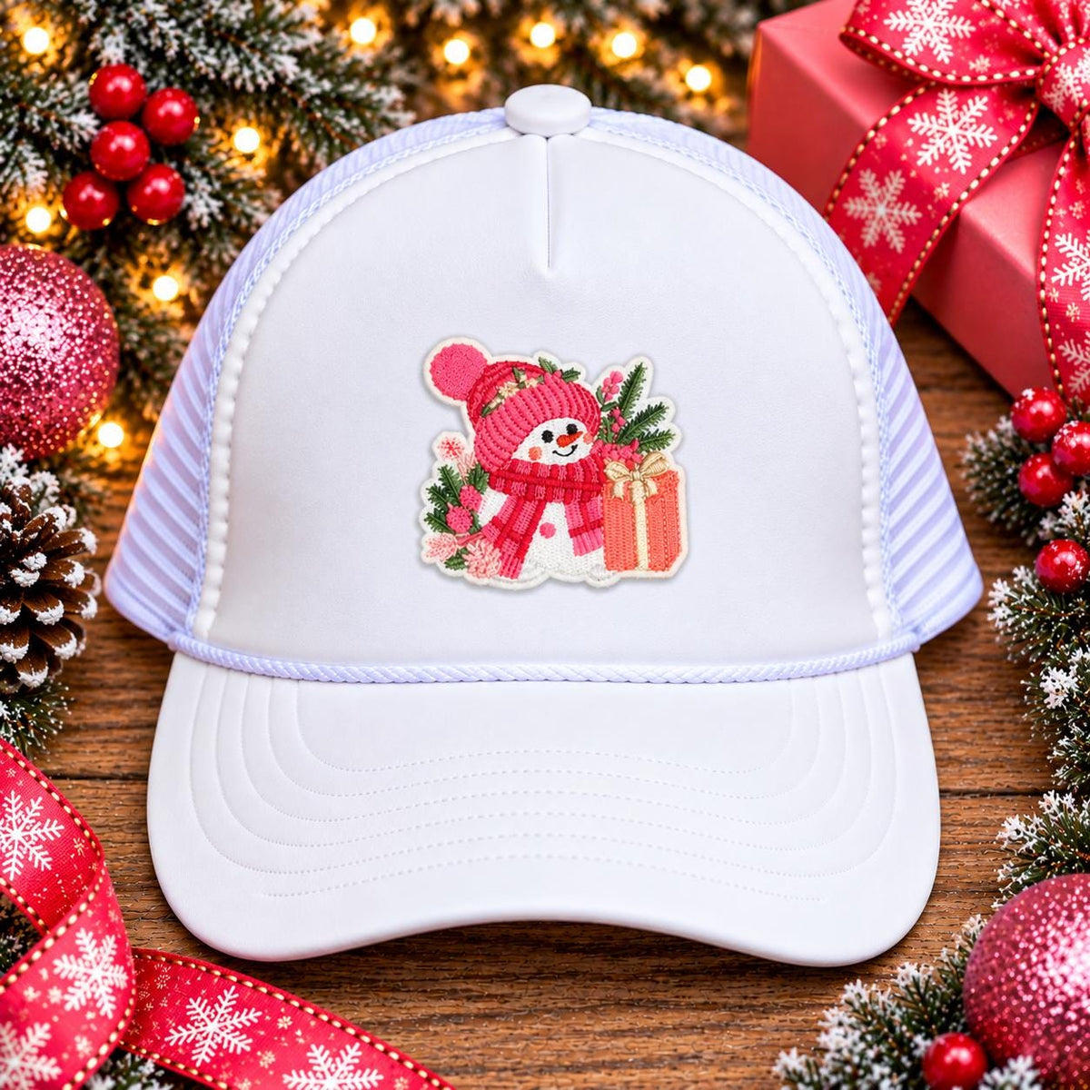 Pink Snowman Christmas Embroidered Patch