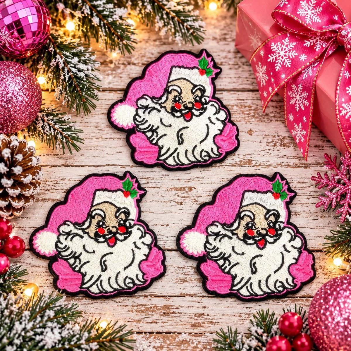 Pink Retro Santa Christmas Embroidered Patch