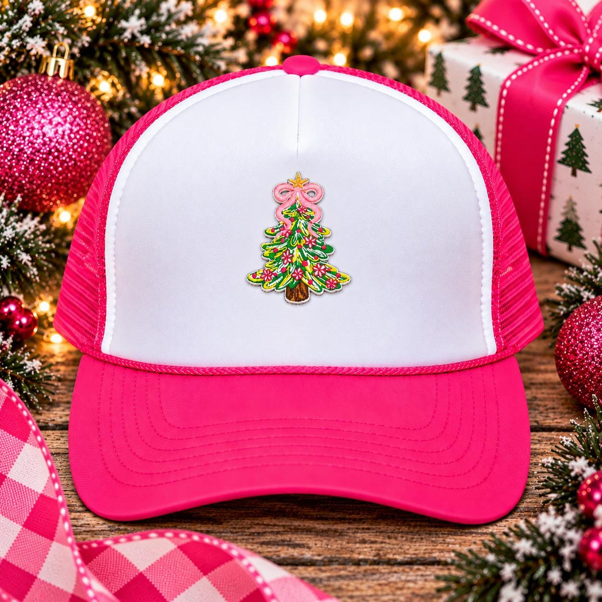 Pink Bow Christmas Tree Iron-On Patch