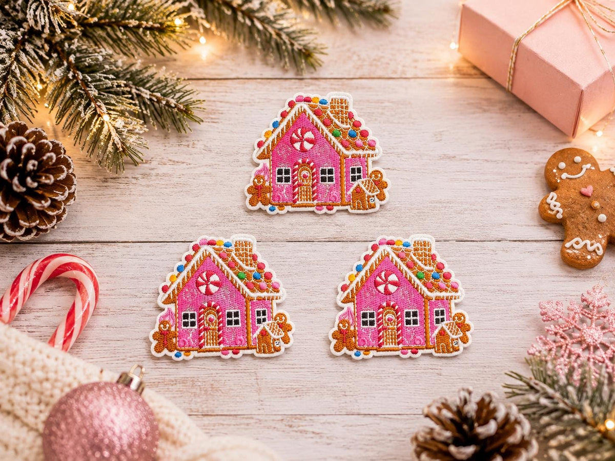 Pink Gingerbread House Christmas Embroidered Patch