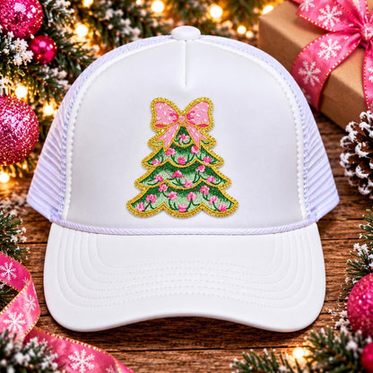 Pink Bow Christmas Tree Embroidered Patch