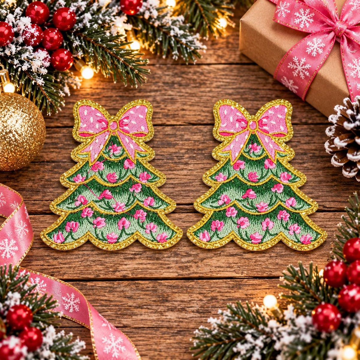 Pink Bow Christmas Tree Embroidered Patch
